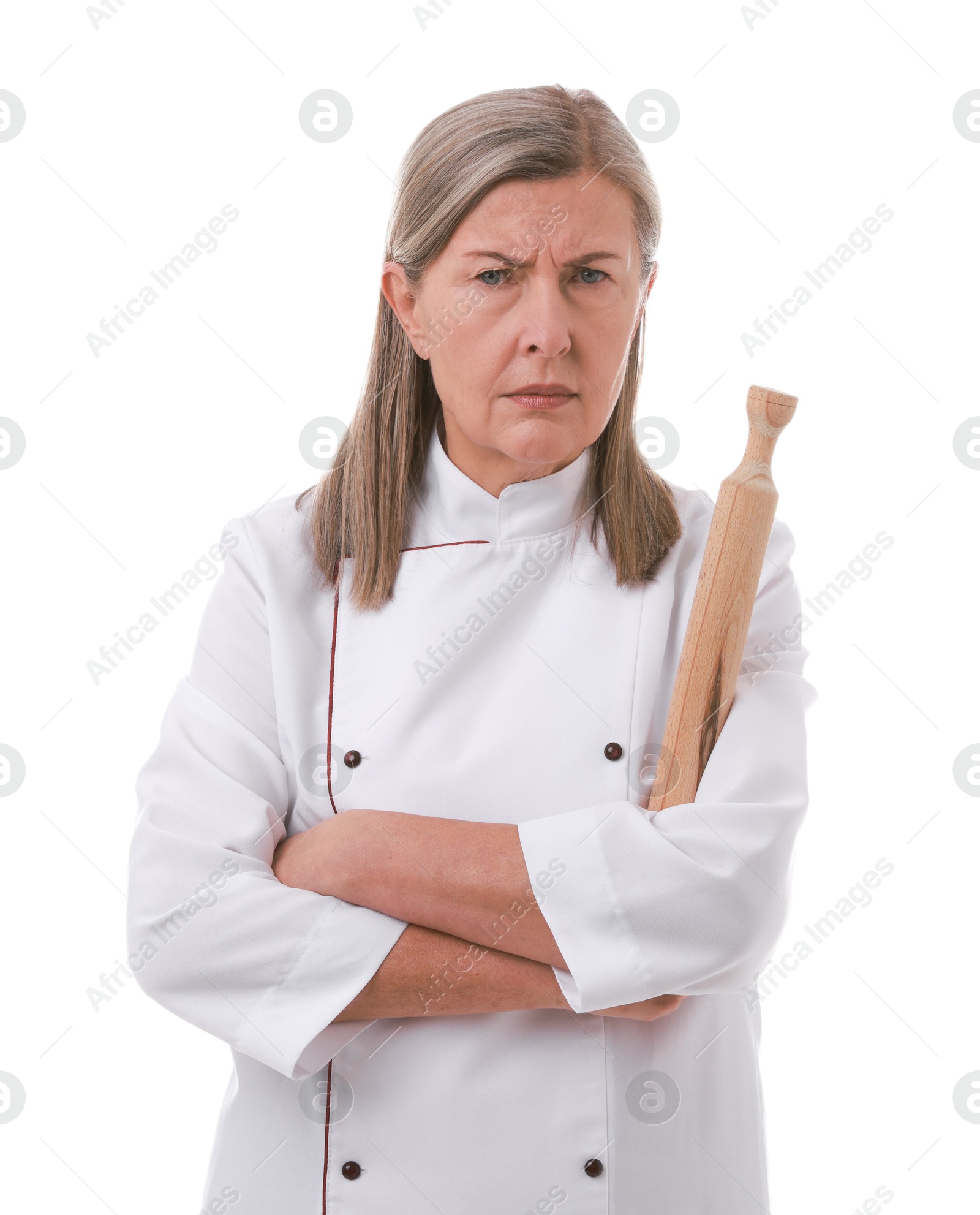 Photo of Angry chef with rolling pin on white background