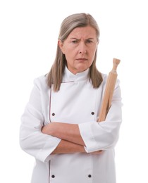 Photo of Angry chef with rolling pin on white background