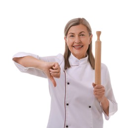 Photo of Happy chef with rolling pin showing thumbs down on white background