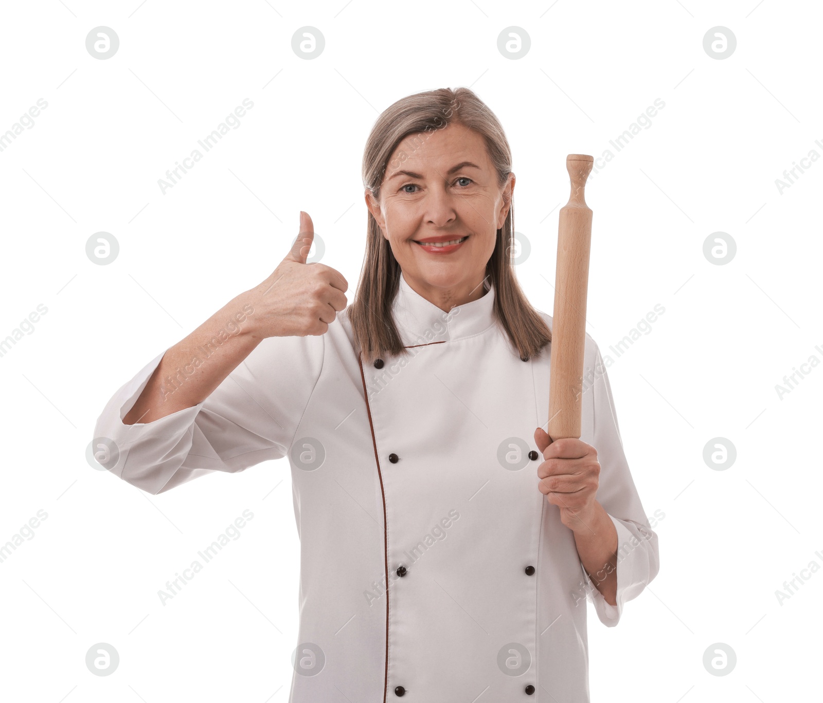 Photo of Happy chef with rolling pin showing thumbs up on white background