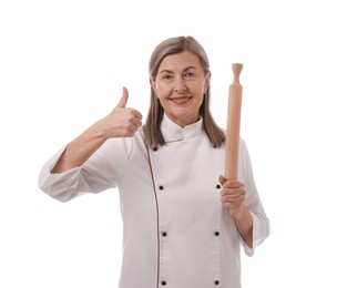 Photo of Happy chef with rolling pin showing thumbs up on white background