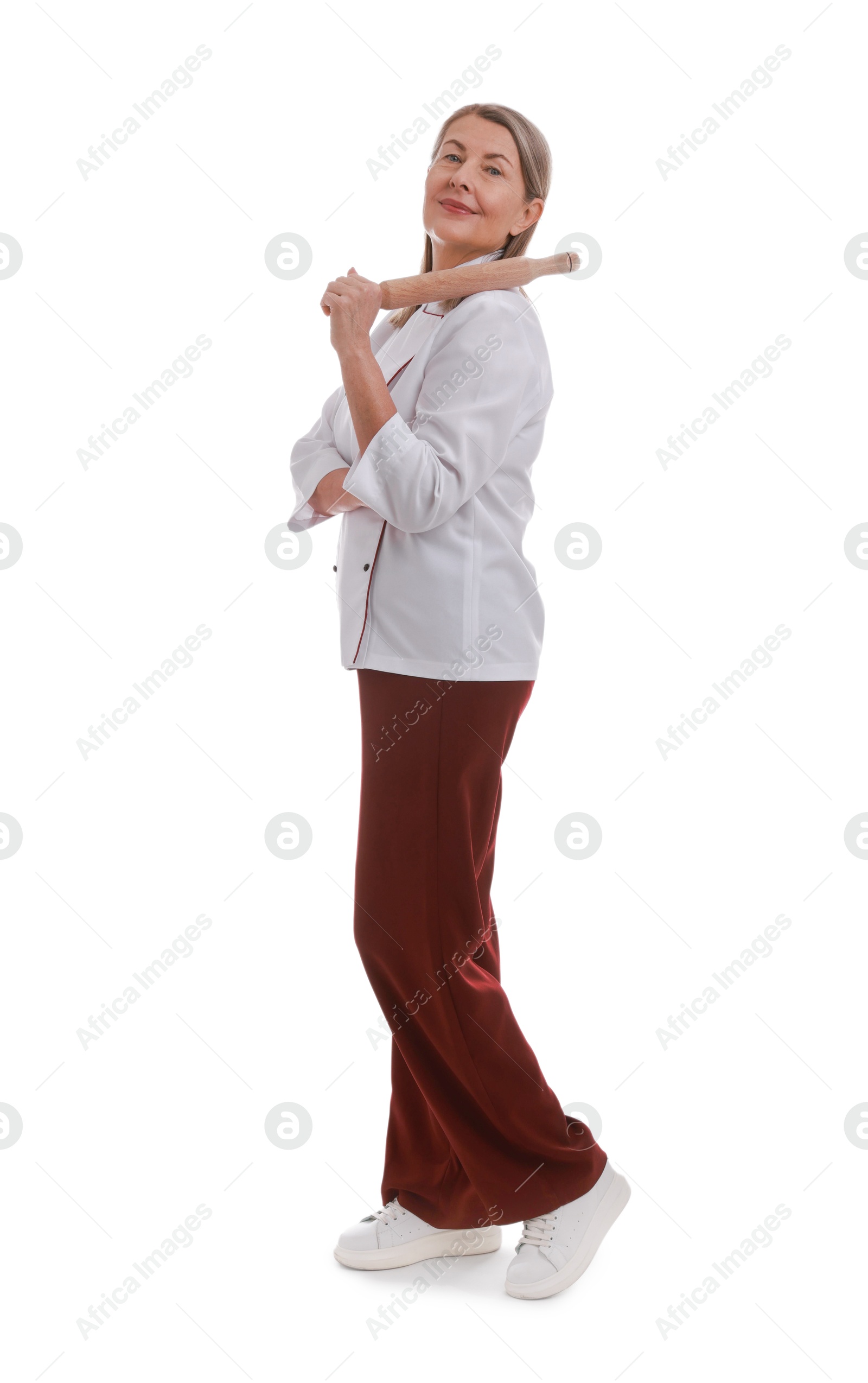 Photo of Chef with rolling pin on white background