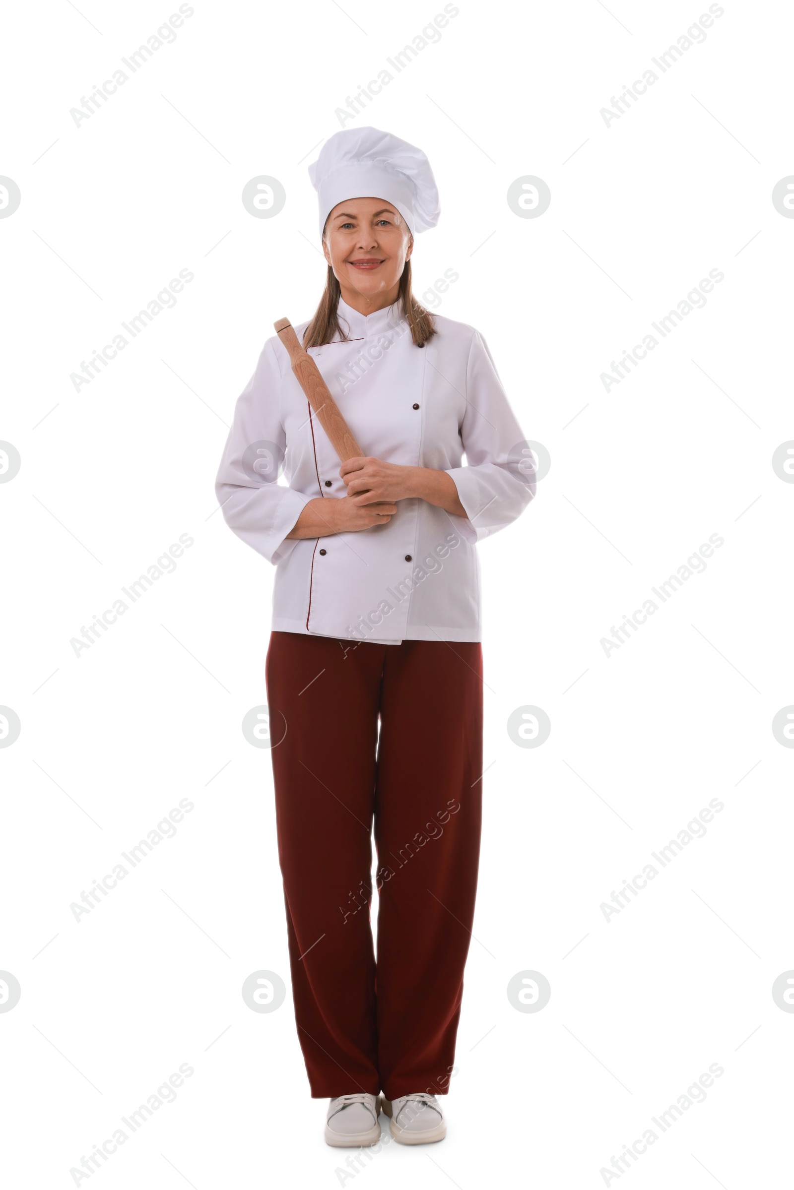 Photo of Chef with rolling pin on white background