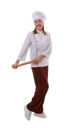 Photo of Happy chef with rolling pin on white background