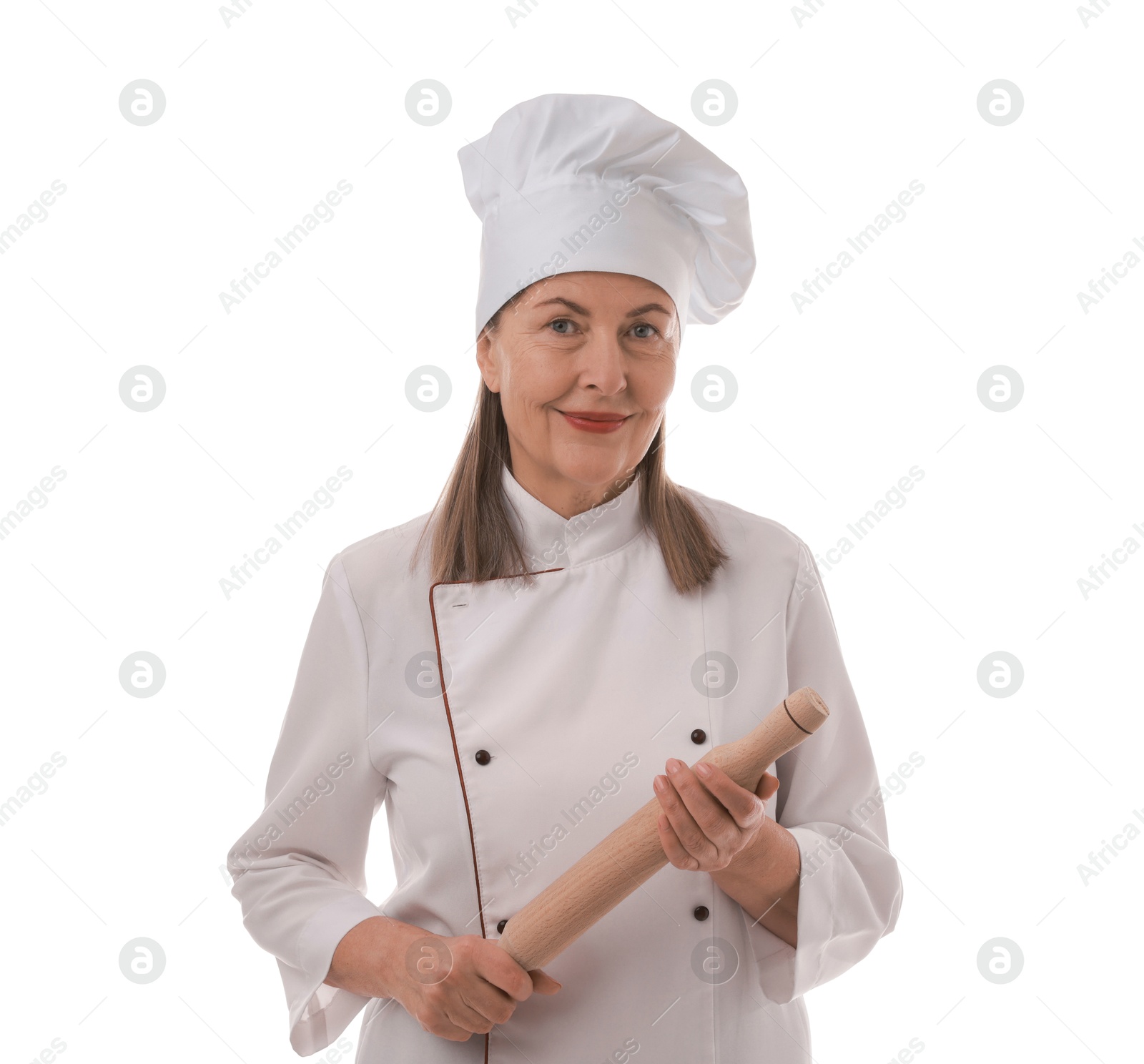 Photo of Chef with rolling pin on white background