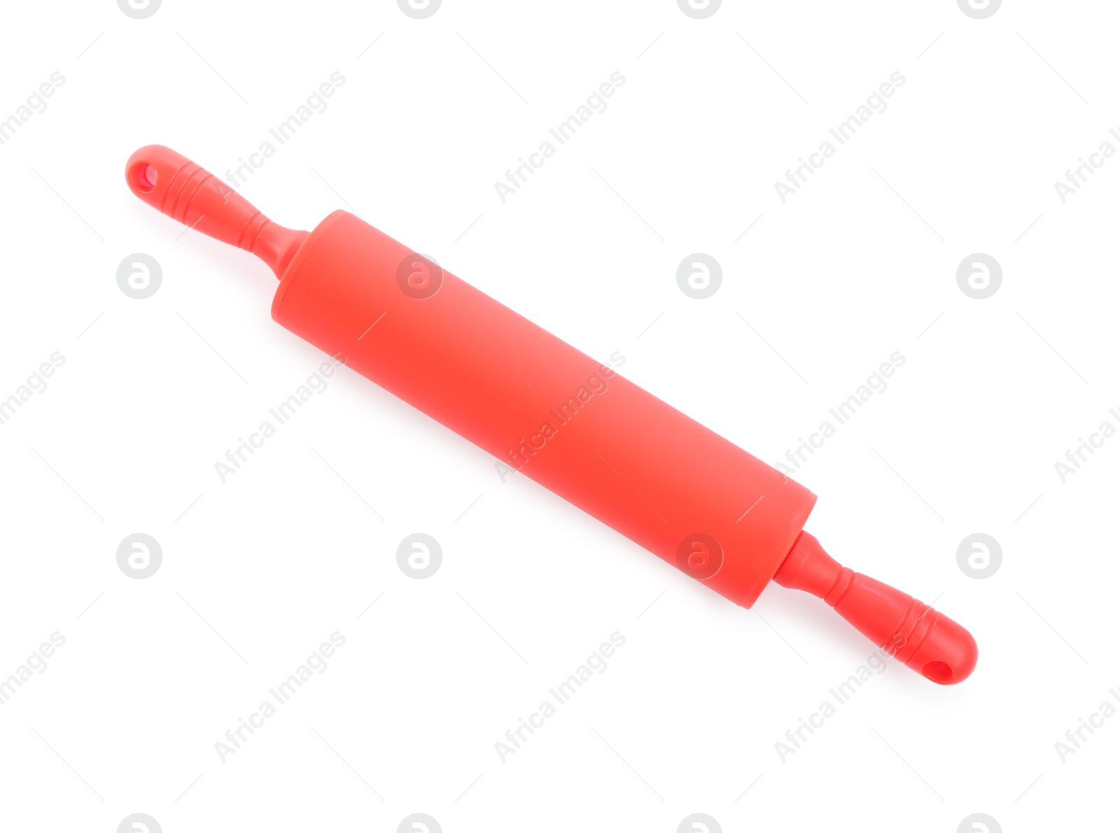 Photo of One red rolling pin isolated on white, top view