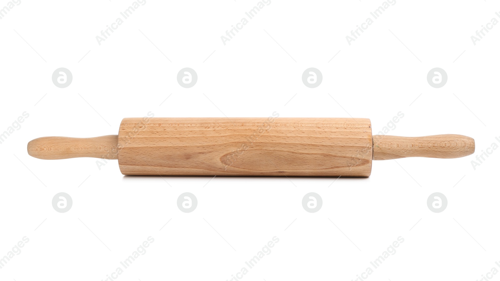 Photo of One wooden rolling pin isolated on white