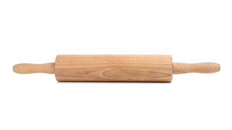 Photo of One wooden rolling pin isolated on white