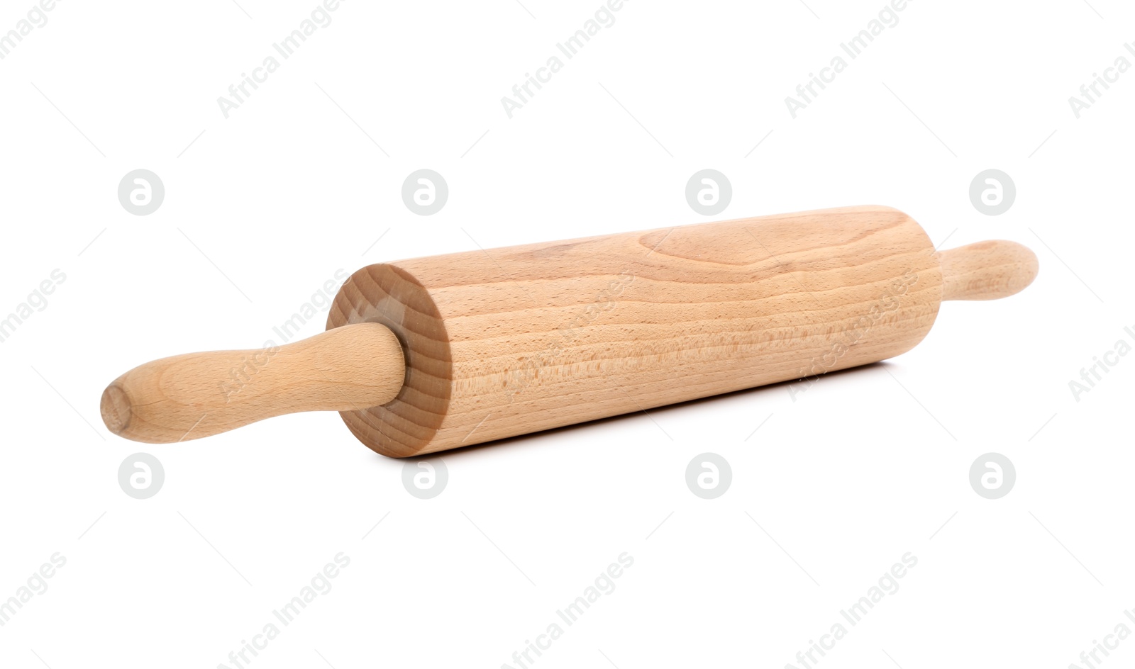 Photo of One wooden rolling pin isolated on white