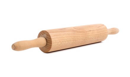 Photo of One wooden rolling pin isolated on white