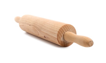 Photo of One wooden rolling pin isolated on white