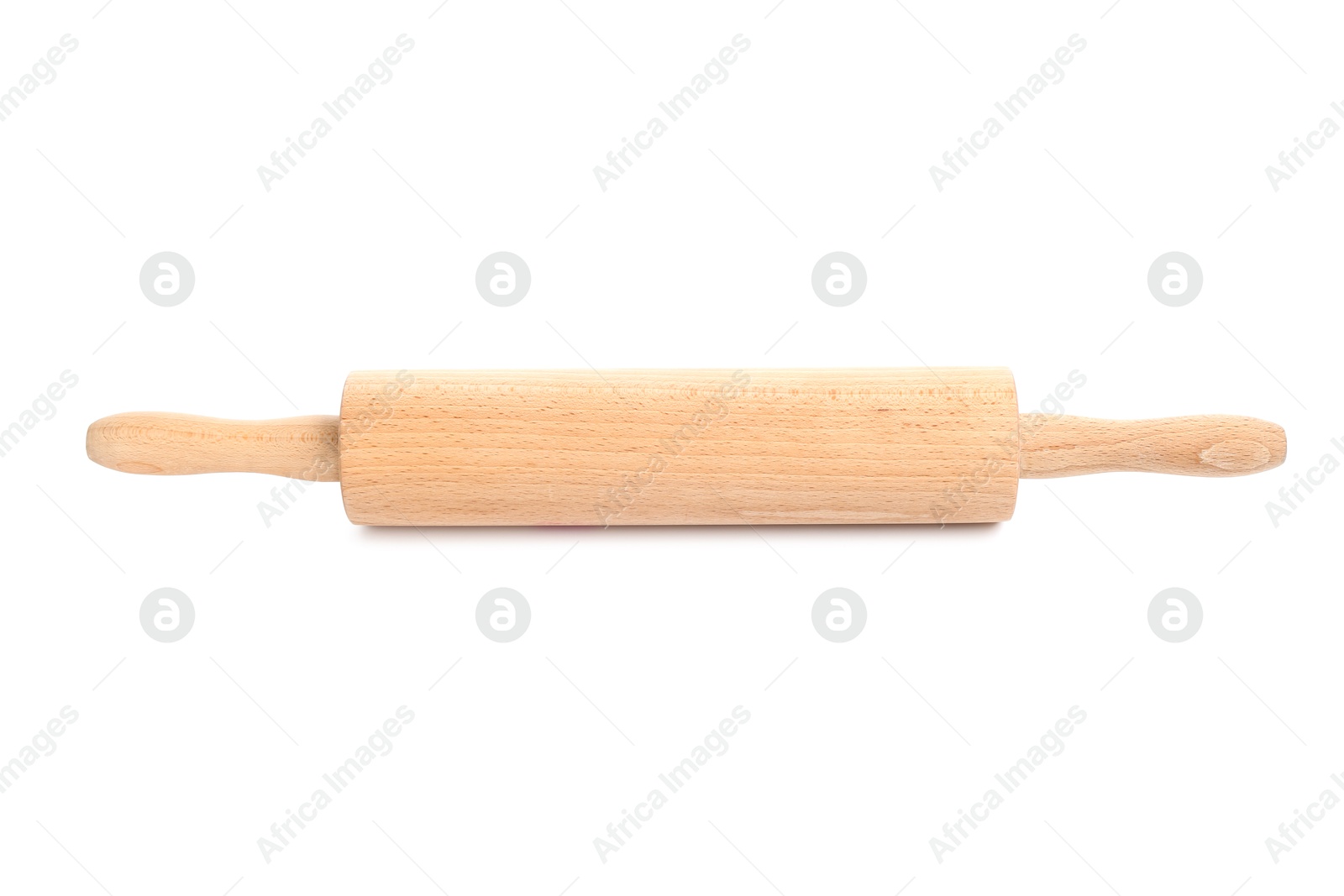 Photo of One wooden rolling pin isolated on white