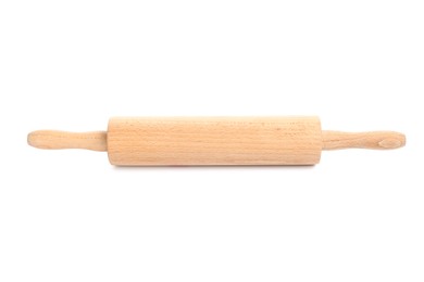 Photo of One wooden rolling pin isolated on white