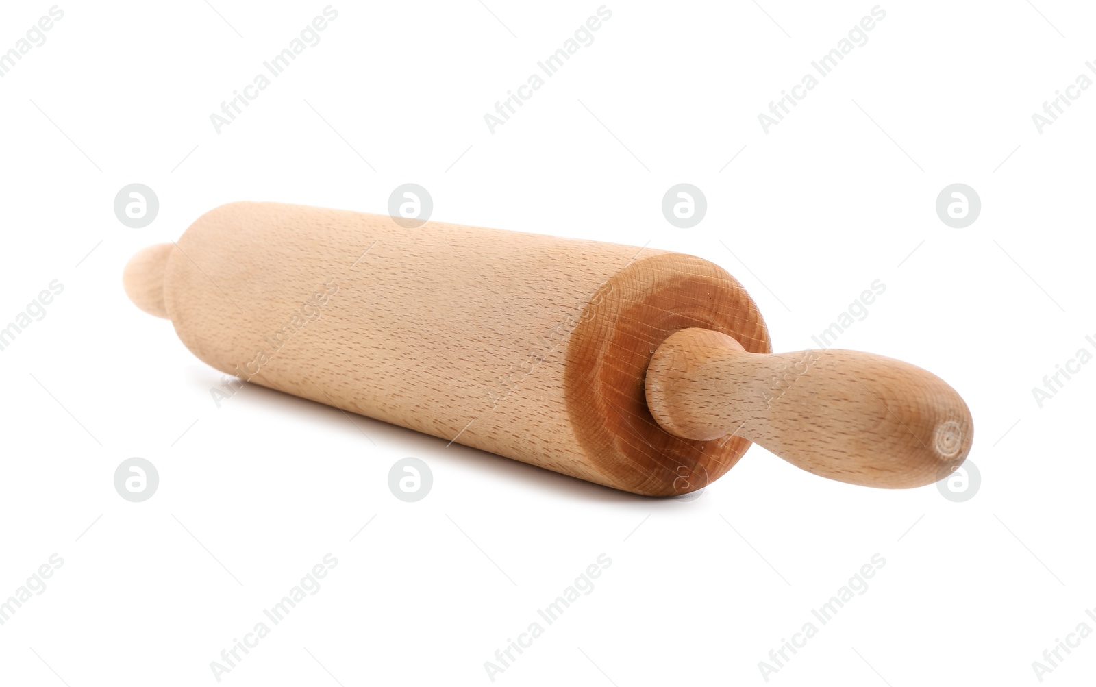 Photo of One wooden rolling pin isolated on white