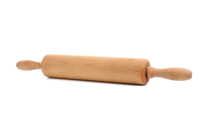 Photo of One wooden rolling pin isolated on white