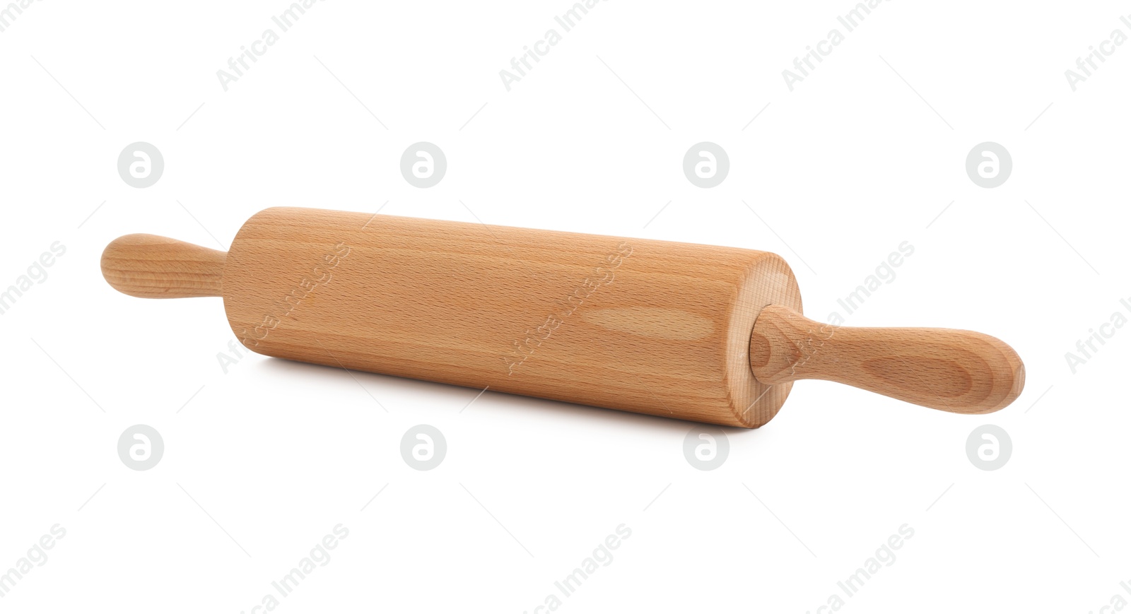 Photo of One wooden rolling pin isolated on white