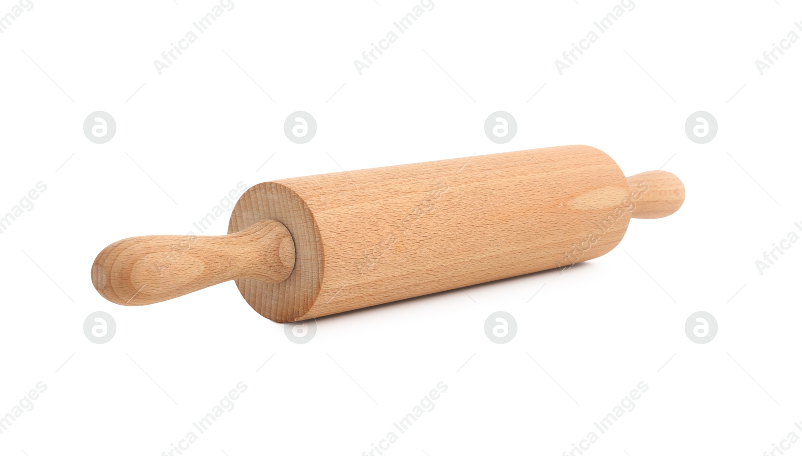 Photo of One wooden rolling pin isolated on white