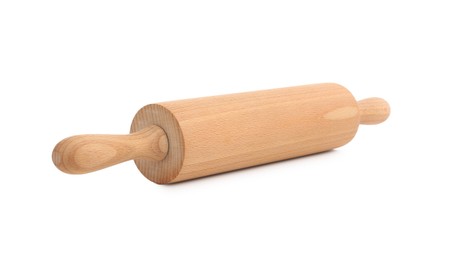 Photo of One wooden rolling pin isolated on white