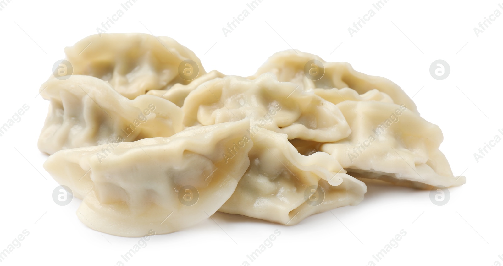 Photo of Fresh gyoza dumplings isolated on white. Chinese cuisine