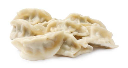 Photo of Fresh gyoza dumplings isolated on white. Chinese cuisine