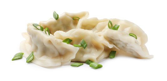 Photo of Fresh gyoza dumplings with pieces of green onion isolated on white