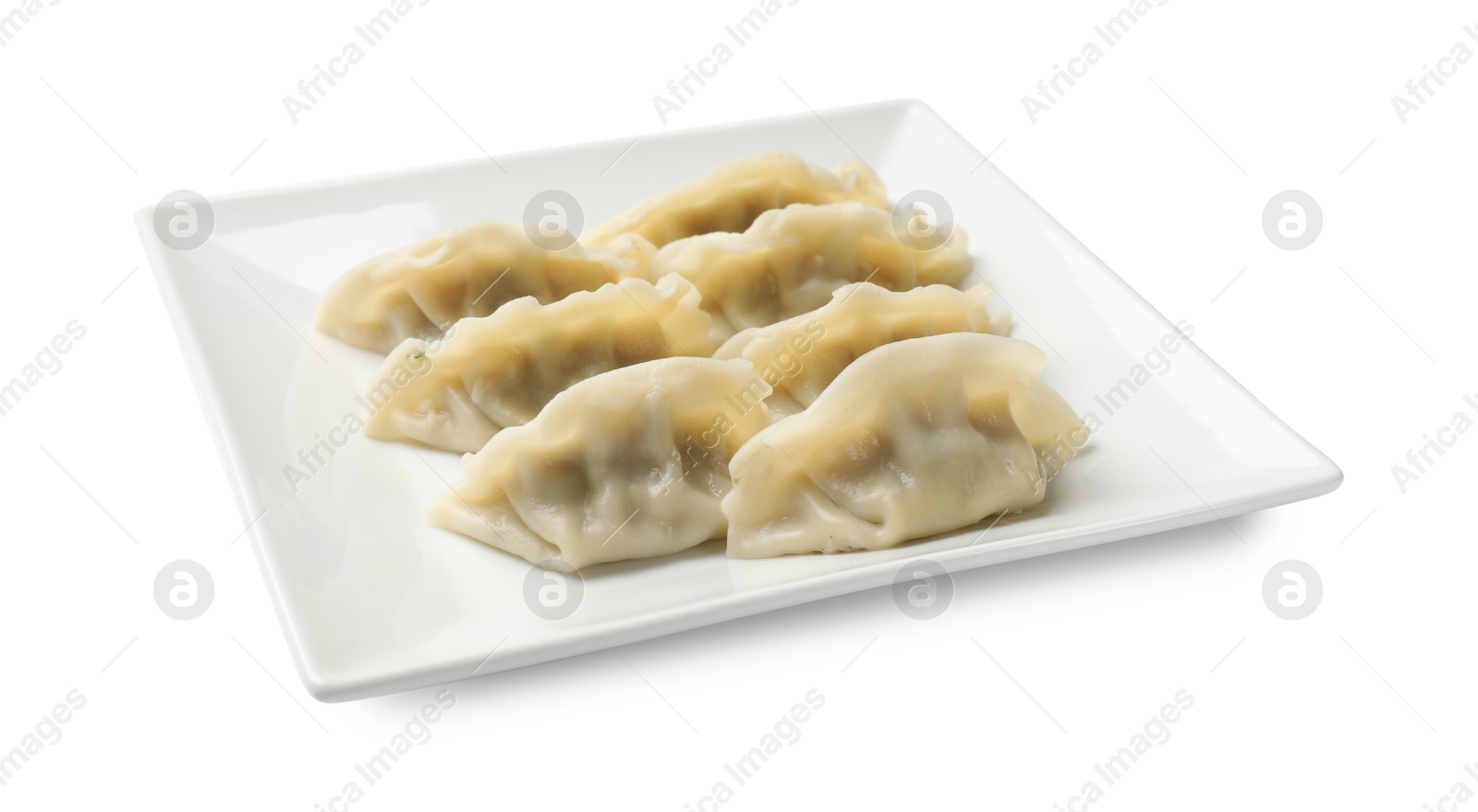 Photo of Fresh gyoza dumplings isolated on white. Chinese cuisine