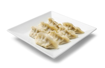 Photo of Fresh gyoza dumplings isolated on white. Chinese cuisine