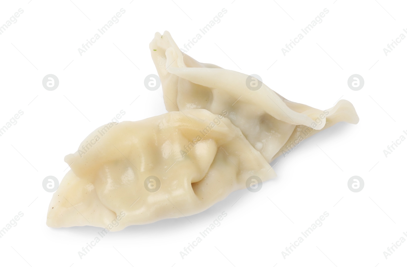 Photo of Fresh gyoza dumplings isolated on white, top view