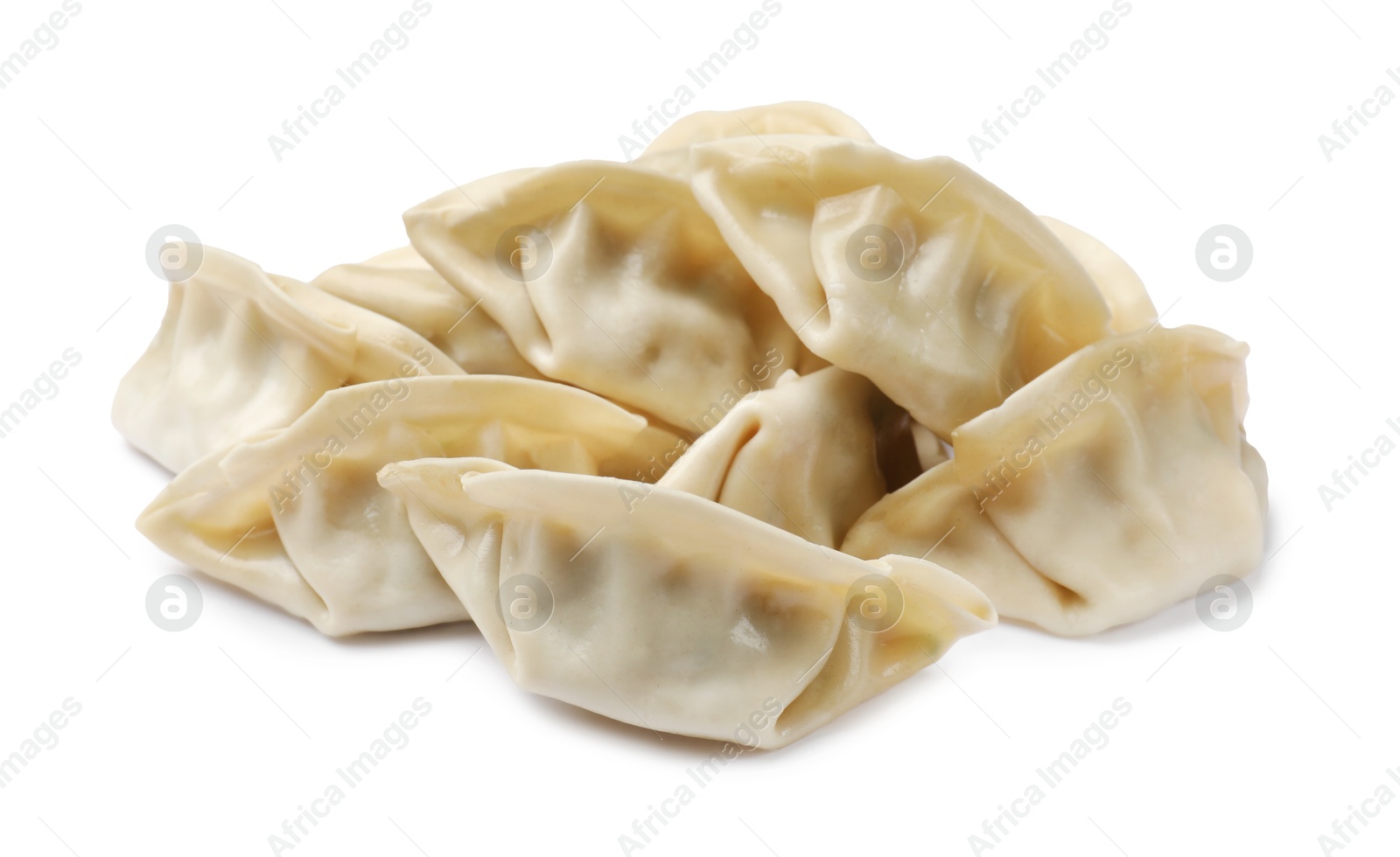 Photo of Pile of fresh gyoza dumplings isolated on white