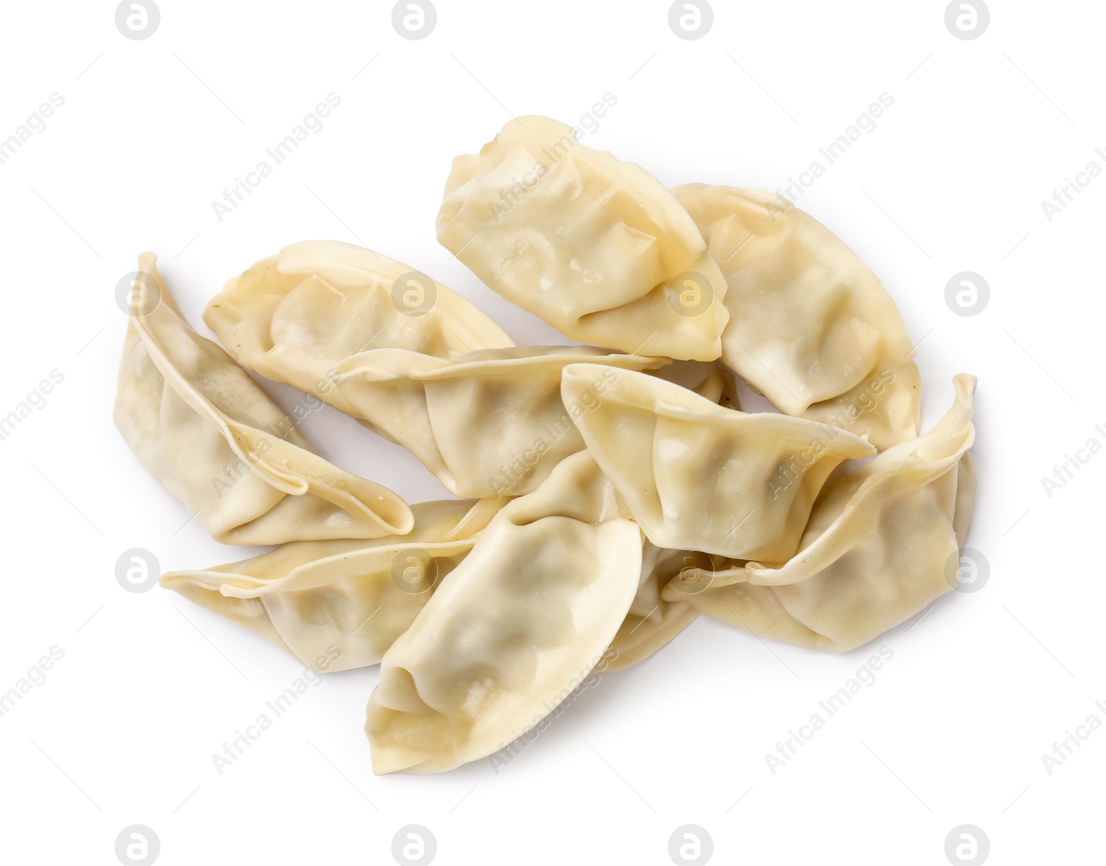 Photo of Fresh gyoza dumplings isolated on white, top view