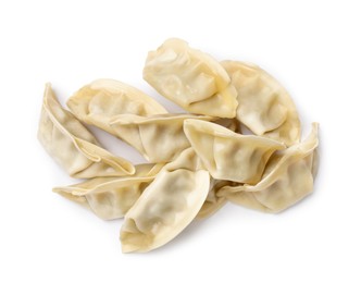 Photo of Fresh gyoza dumplings isolated on white, top view