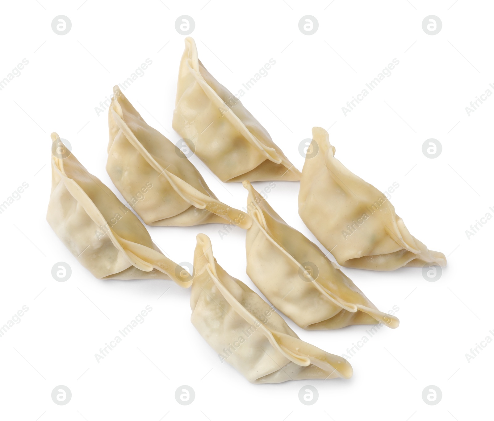 Photo of Fresh gyoza dumplings isolated on white, top view