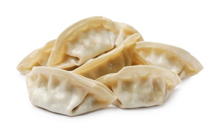 Photo of Pile of fresh gyoza dumplings isolated on white