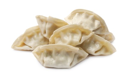 Photo of Pile of fresh gyoza dumplings isolated on white