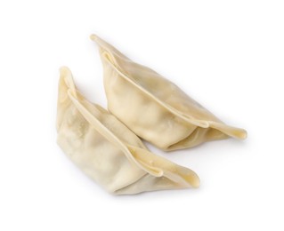 Photo of Fresh gyoza dumplings isolated on white, top view