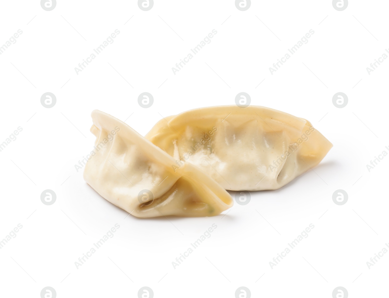 Photo of Fresh gyoza dumplings isolated on white. Chinese cuisine