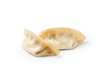 Photo of Fresh gyoza dumplings isolated on white. Chinese cuisine