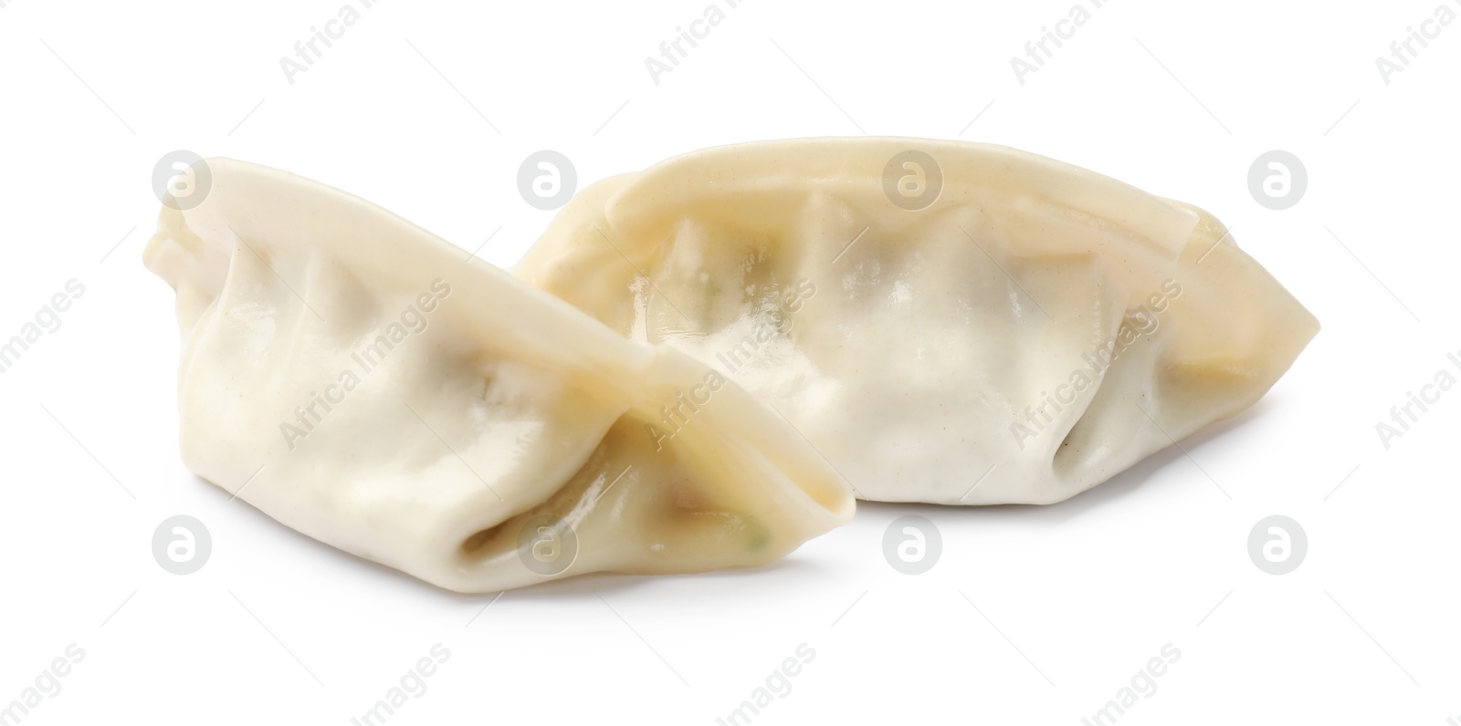 Photo of Fresh gyoza dumplings isolated on white. Chinese cuisine