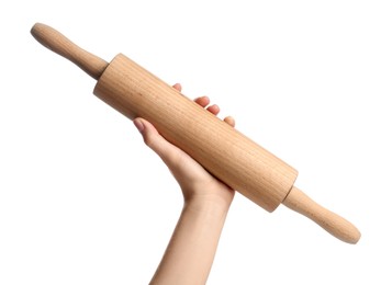 Photo of Woman with rolling pin on white background, closeup