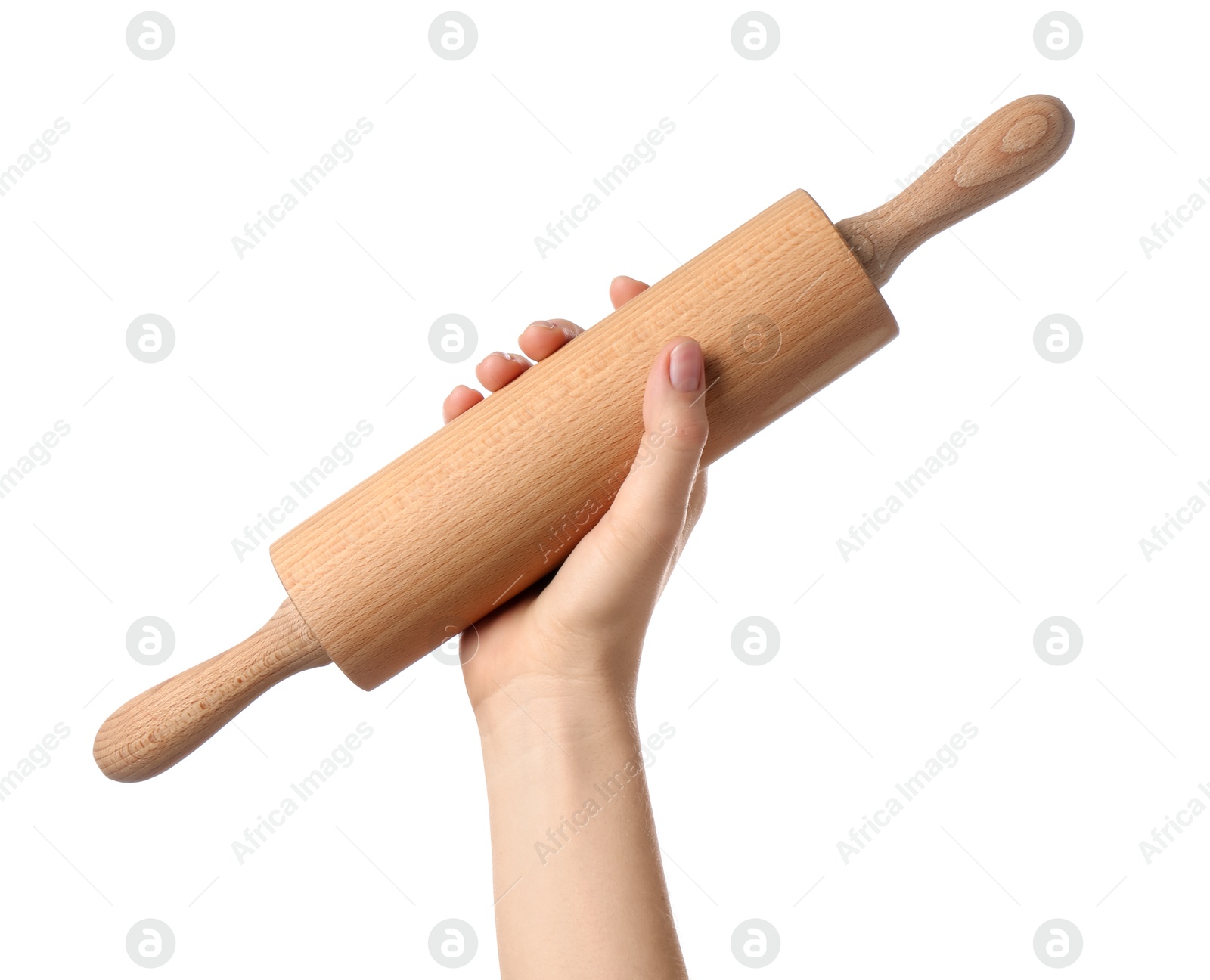 Photo of Woman with rolling pin on white background, closeup