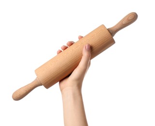 Photo of Woman with rolling pin on white background, closeup