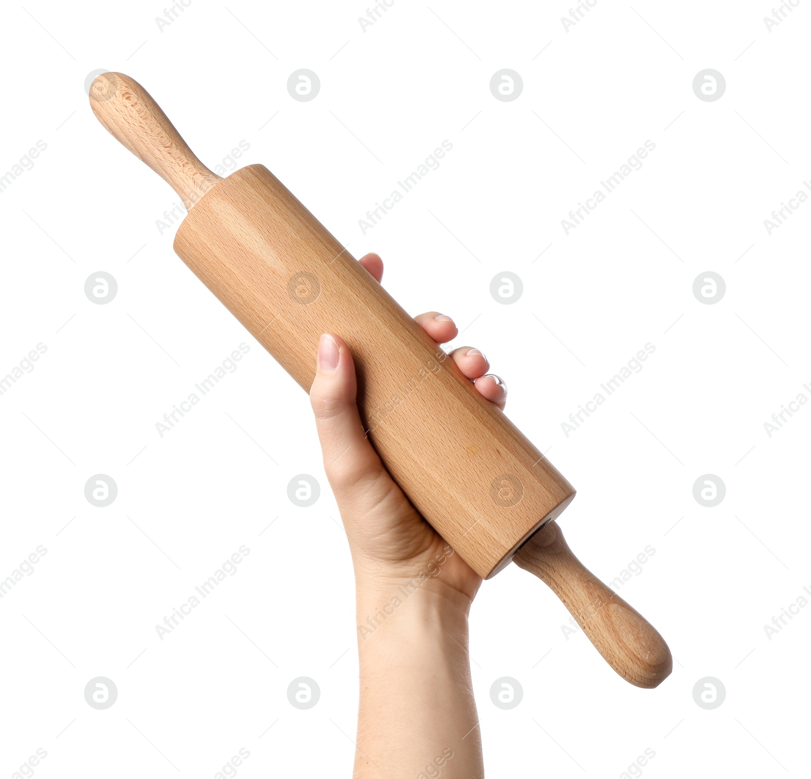 Photo of Woman with rolling pin on white background, closeup