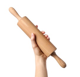 Photo of Woman with rolling pin on white background, closeup