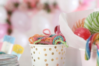 Photo of Candy bar. Many different sweets on blurred background, closeup