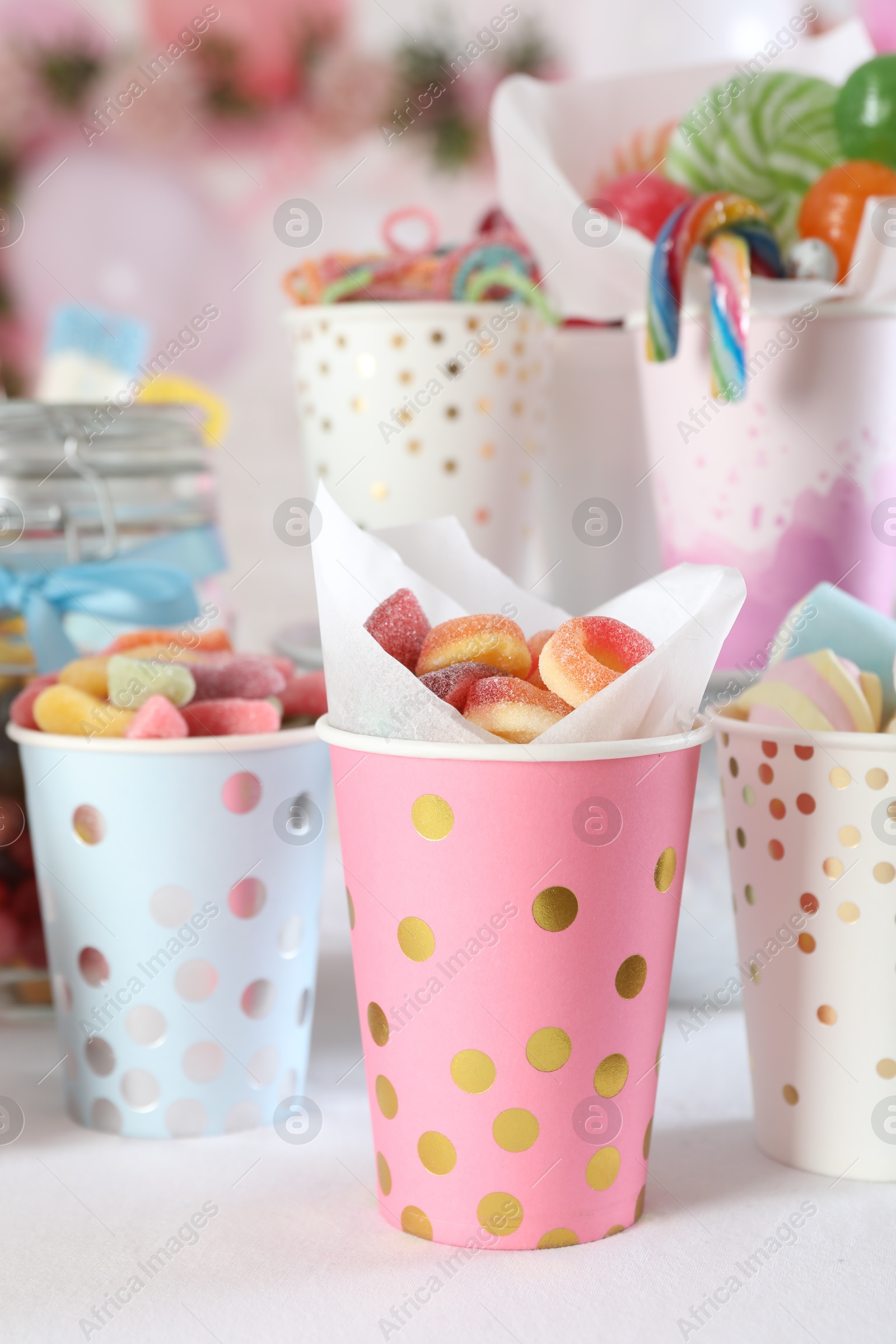 Photo of Candy bar. Many different sweets on table indoors, closeup