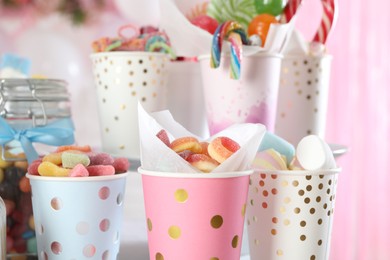 Photo of Candy bar. Many different sweets on blurred background, closeup