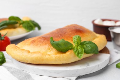 Photo of Tasty vegetarian calzone with basil on light table, closeup