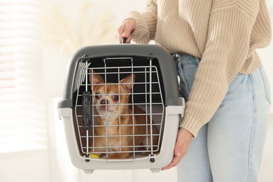 Photo of Woman with dog in pet carrier indoors, closeup