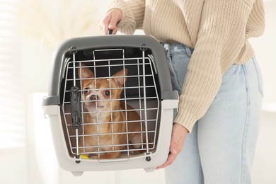 Photo of Woman with dog in pet carrier indoors, closeup