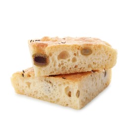 Photo of Pieces of delicious focaccia bread with olives and thyme isolated on white